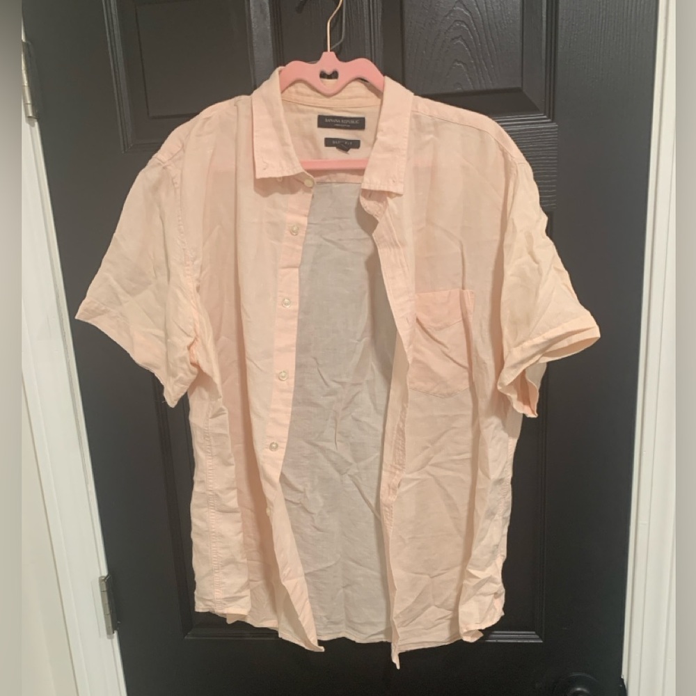 Banana Republic | Pink Linen Cotton Slim Fit Collared Button Up Shirt | Sz L